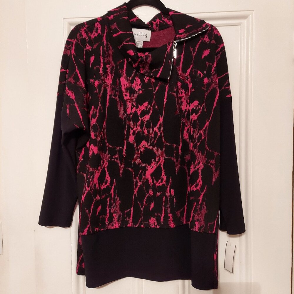 NWT Joseph Ribkoff Black & Pink Long Sleeve Tunic Top w/ Split Neck size 10